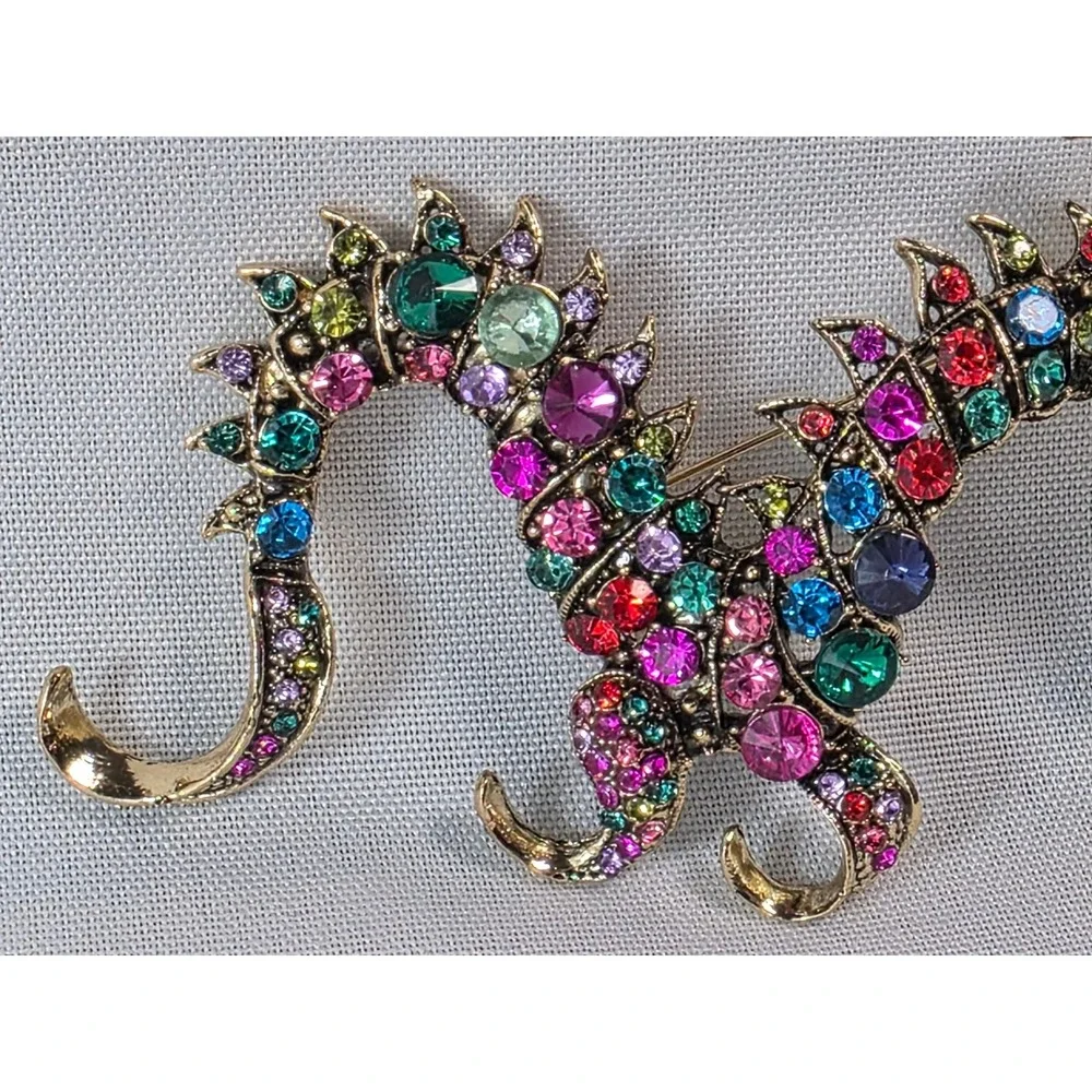 Multicolor Rhinestone Dragon Brooch Antique‎ Gold Tone Crystal Mythical Pin 4 In